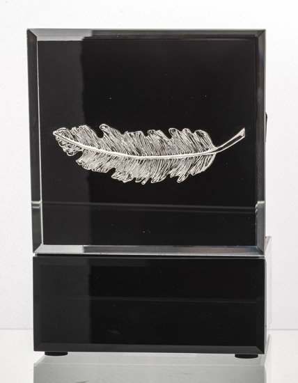  SREBRNE PIÓRKO czarna szklana szkatułka na biżuterię z piórkiem,  6x12x12 cm