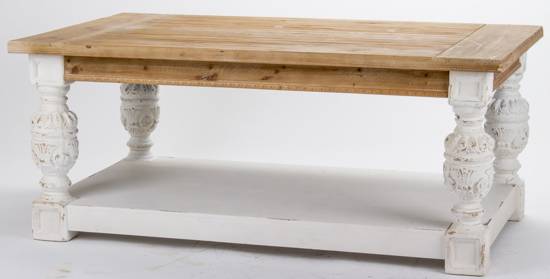 AGNES stolik kawowy z drewnianym blatem w stylu rustykalnym z białą przecieraną półeczką, 50x120x70 cm 