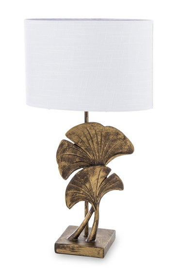 AMARELLO lampa z białym kloszem na dekoracyjnej nodze z liśćmi miłorzębu w kolorze starego złota, wys. 53 cm