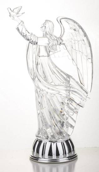ANIOŁ figurka z oświetleniem led transparentna na srebrnym podeście, wys. 30 cm