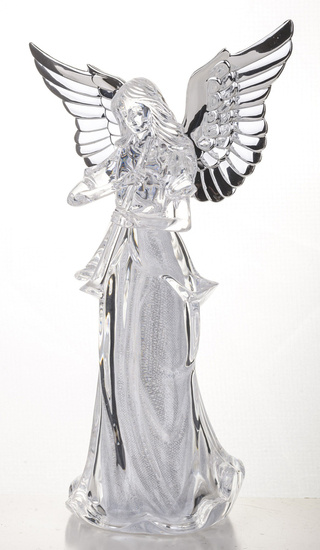 ANIOŁ figurka z oświetleniem led transparentna ze srebrnymi skrzydłami, wys. 26 cm