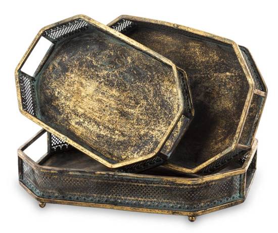 APALIAS zestaw trzech tac metalowych stare złoto z ażurowym bokiem, 43x31 cm, 39x26 cm, 36x23 cm