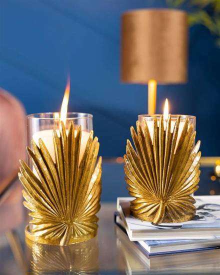 ARESIA świecznik szklany kielich ze złotym, metalowym liściem, wys. 15 cm
