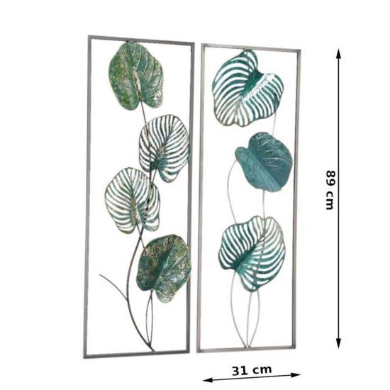BAVARO ozdoba ścienna metalowa dwa panele z zielonymi liśćmi, 89x62 cm