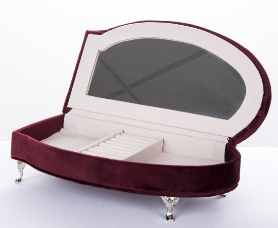 BORDOWY SZEZLONG Z PODUSZKAMI szkatułka na biżuterię na srebrnych giętych nóżkach, 17x27x13 cm