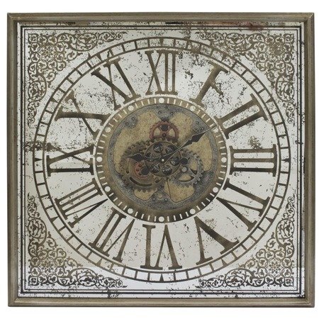 BOSTON duży zegar kwadratowy z lustrzanym frontem i widocznym mechanizmem, 84x84x10 cm