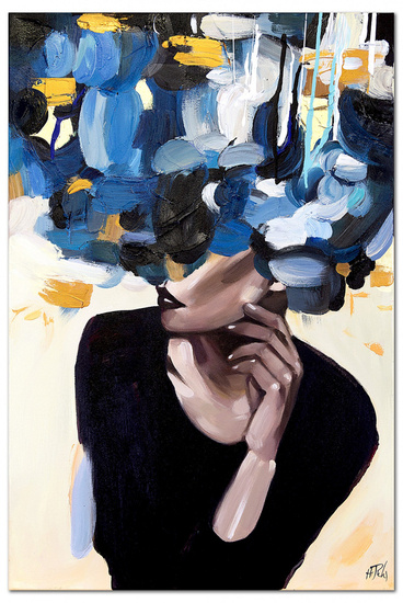 BURZA WŁOSÓW W ODCIENIACH NIEBIESKIEGO obraz ręcznie malowany kobieta, 60x90 cm
