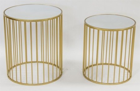 CIRCLE zestaw dwóch złotych drucianych stolików z lustrzanym blatem, wys. 50 cm, 43 cm