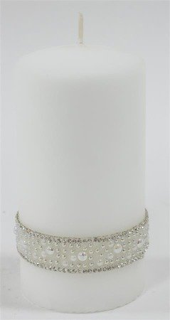 CRYSTAL świeca biała walec z perełkami i cyrkoniami, wys. 14 cm