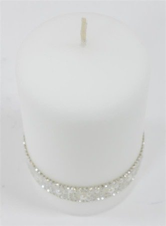 CRYSTAL świeca biała walec z perełkami i cyrkoniami, wys. 14 cm