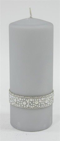 CRYSTAL świeca szara walec z perełkami i cyrkoniami, wys. 18 cm