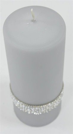 CRYSTAL świeca szara walec z perełkami i cyrkoniami, wys. 18 cm