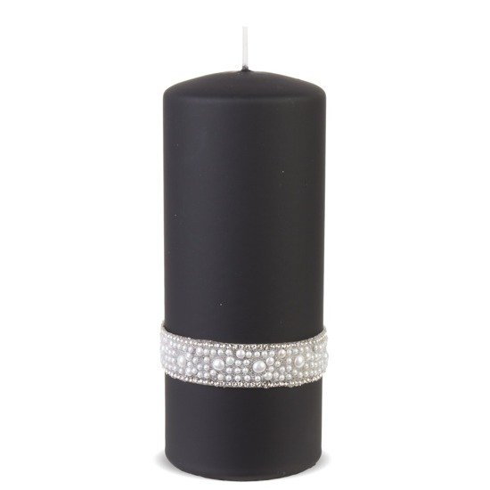 CRYSTAL świeca z perełkami i cyrkoniami czarna walec, wys. 17 cm