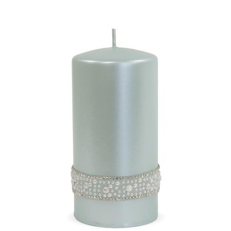 CRYSTAL świeca z perełkami i cyrkoniami miętowa, walec średni, wys. 14 cm