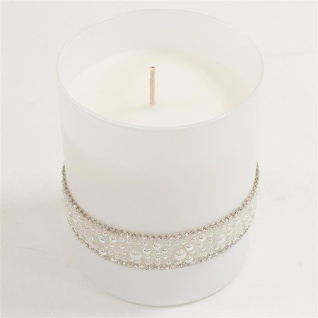 CRYSTAL świeca  z perełkami i cyrkoniami w białym szkle, wys. 10 cm
