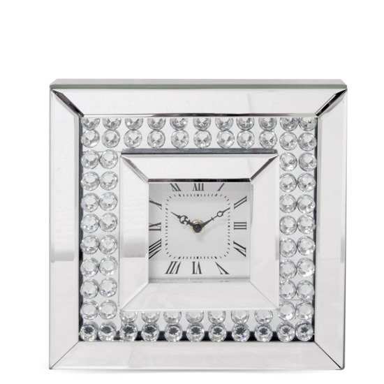 CRYSTAL zegar srebrny z lustrzanymi krawędziami i ozdobnymi kryształkami, 26x26 cm