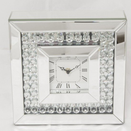 CRYSTAL zegar srebrny z lustrzanymi krawędziami i ozdobnymi kryształkami, 26x26 cm