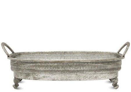DELHI taca srebrna metalowa na nóżkach z uchwytami, 45x27 cm