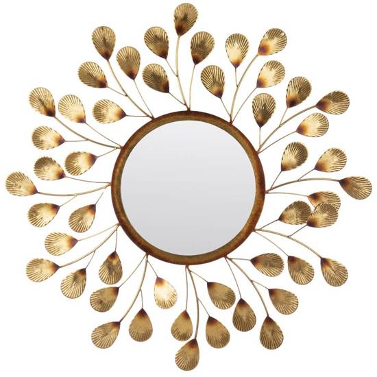 DELIKATNE LISTKI lustro okrągłe w metalowej ramie dekoracyjnej złoto brązowe, 75x73 cm