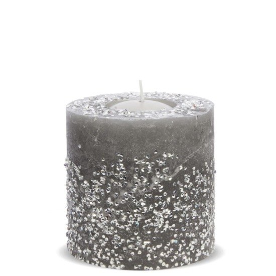 DIAMENT świeca szara w postaci lampionu walec z kamieniami ozdobnymi, wys. 12 cm