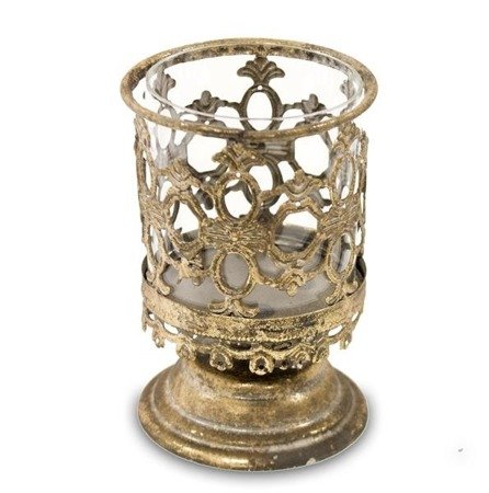 DORITA świecznik metalowy stare złoto z kloszem, wys 15 cm
