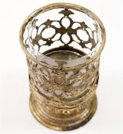 DORITA świecznik metalowy stare złoto z kloszem, wys 15 cm