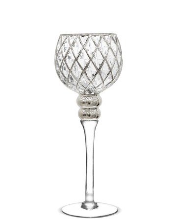 ELEGANCE świecznik szklany na nóżce ze srebrnym pikowaniem, wys. 35 cm