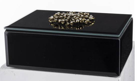 FLAVE szkatułka na biżuterię czarna zdobiona złotym kwiatem z cekinami, 7x16 cm