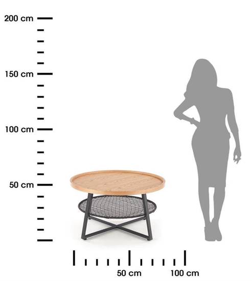 FLORENCE stolik kawowy w kolorze naturalnego dębu z półką z rattanu syntetycznego, Ø 80 cm