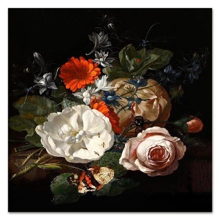FLOWERS obraz duży kwadratowy kolorowe kwiaty na czarnym tle, 100x100 cm
