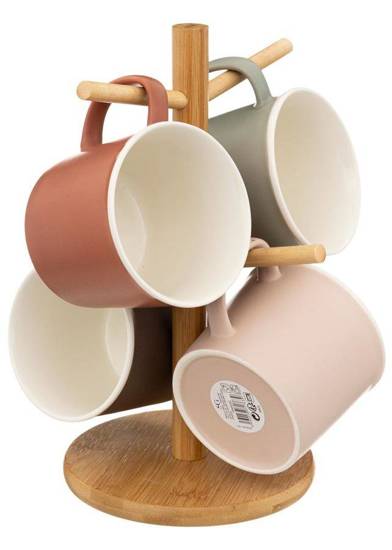 FLUME komplet 4 kubków ceramicznych na drewnianym stojaków, poj. 380 cm