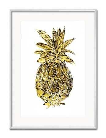 GOLD PINEAPPLE obraz ręcznie malowany w białej ramie złoty ananas, 31x41 cm
