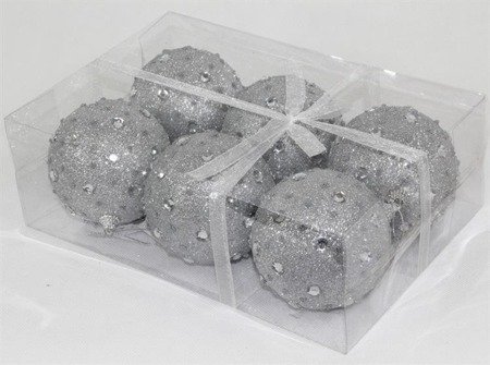 GROSZKI bombki, komplet 6 sztuk, cyrkonie / brokat / srebrny, Ø 9,5 cm