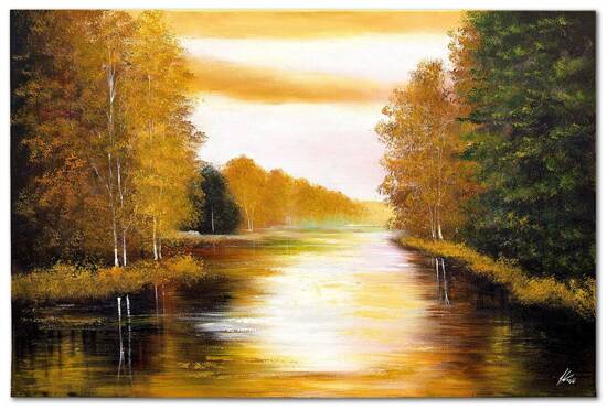 JESIENNE DRZEWA obraz ręcznie malowany drzewa nad rzeką, 60x90 cm