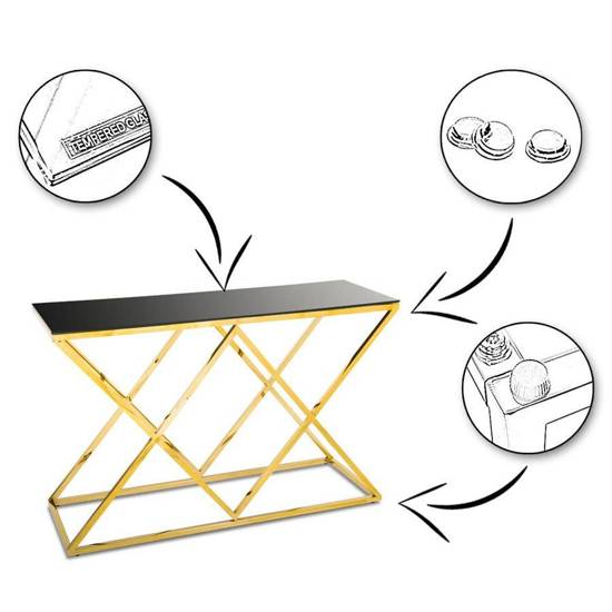 KELLY konsola ze stali nierdzewnej złota z czarnym blatem ze szkła hartowanego, 120x40x78 cm
