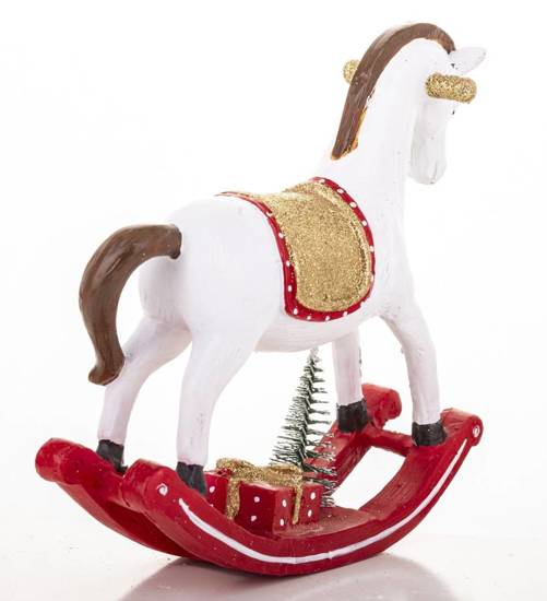 KOŃ NA BIEGUNACH figurka świąteczna biała z czerwonymi dodatkami, wys. 16 cm