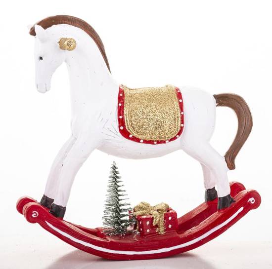 KOŃ NA BIEGUNACH figurka świąteczna biała z czerwonymi dodatkami, wys. 16 cm