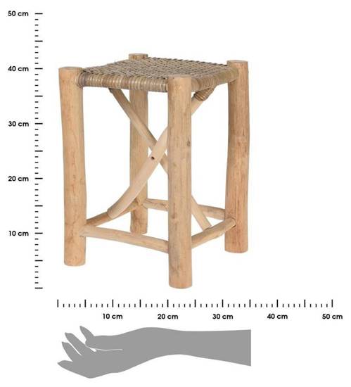 KUBU taboret z drewna tekowego z plecionym siedziskiem, wys. 42 cm