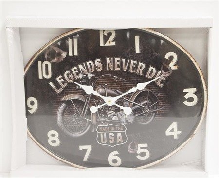 LEGENDS NEVER DIE zegar metalowy owalny z motocyklem, 48x38 cm