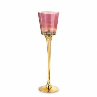MALIBU świecznik wysoki szklany różowo-fioletowe ombre na złotej stópce, wys. 51 cm