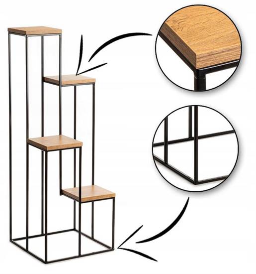 MODERNA kwietnik stojący czarny z czterema półkami w kolorze dębowym, wys. 110 cm