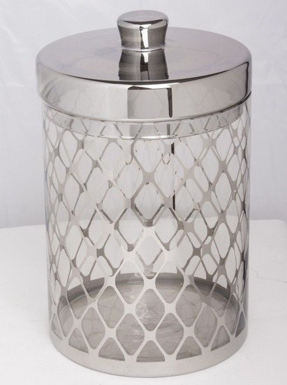 MONA pojemnik dekoracyjny szklany z pokrywką i srebrnym wzorem, wys. 33 cm