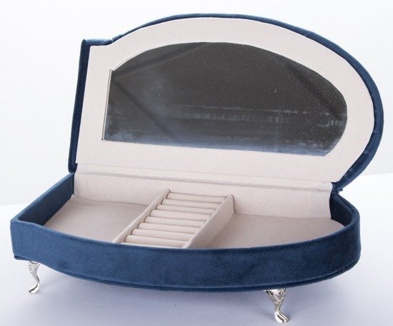 NIEBIESKI SZEZLONG Z PODUSZKAMI szkatułka na biżuterię na srebrnych giętych nóżkach, 17x27x13 cm