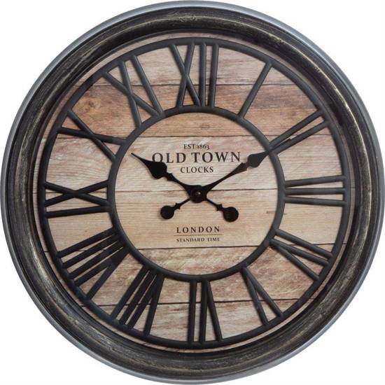 OLDER zegar ścienny imitujący drewno z metalową ramą w stylu industrialnym, Ø 50 cm