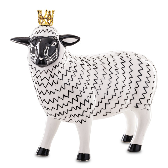OWCA W KORONIE figurka owca zygzakowata czarno-biała ze złotą koroną, 20 cm
