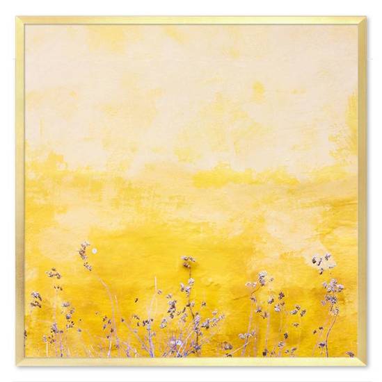 POLNE KWIATKI NA ŻÓLTYM TLE obraz abstrakcyjny kwadratowy w złotej ramie, 63x63 cm