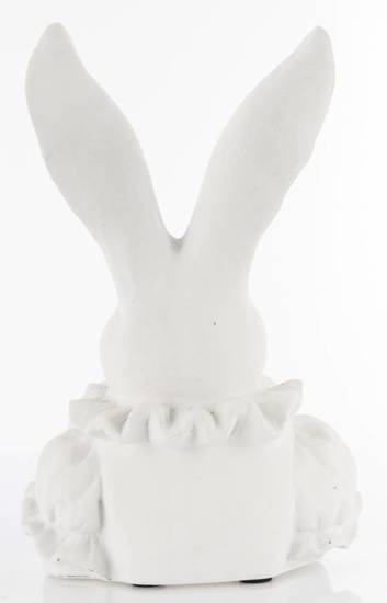 POPIERSIE ZAJĄCA W ŻABOCIE figurka biała przecierana królik podpierający twarz, wys. 35 cm