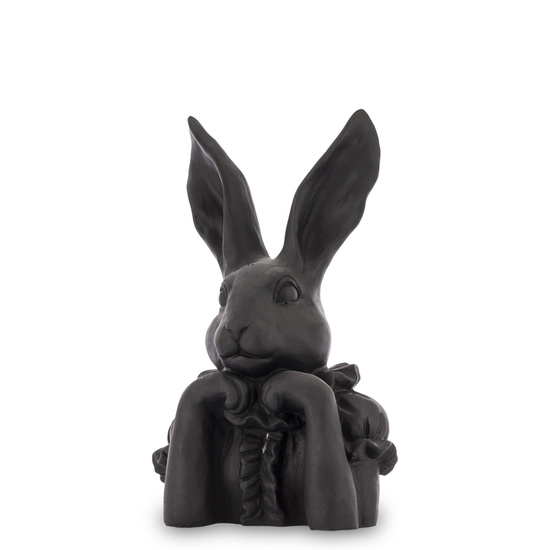 POPIERSIE ZAJĄCA W ŻABOCIE figurka czarny mat królik podpierający twarz, wys. 28 cm