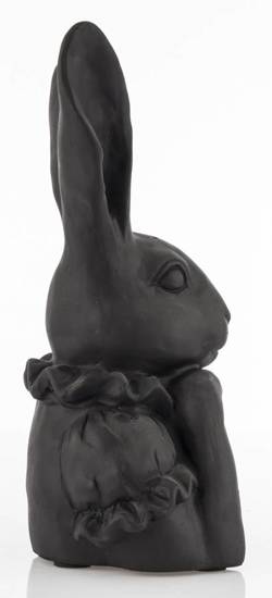 POPIERSIE ZAJĄCA W ŻABOCIE figurka czarny mat królik podpierający twarz, wys. 28 cm