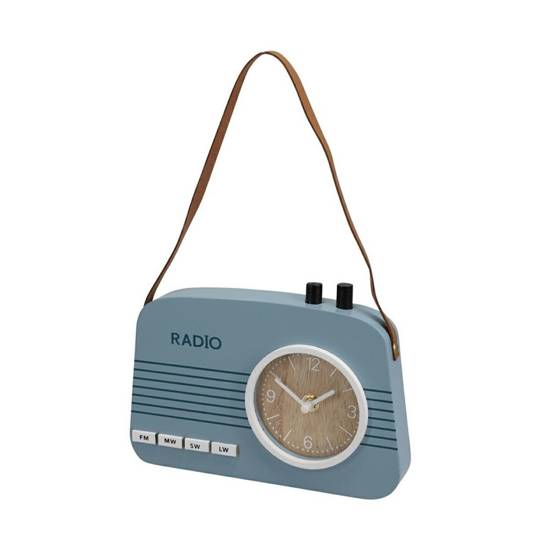 RETRO RADIO zegar z paskiem stojący / wiszący niebieski drewniany w formie radia, wys. 16 cm